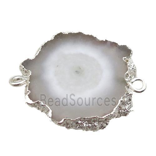 white Solar Quartz Druzy slab connector, freeform, silver plated