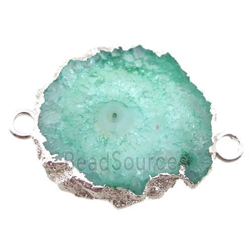 green Solar Quartz Druzy slab connector, freeform, silver plated