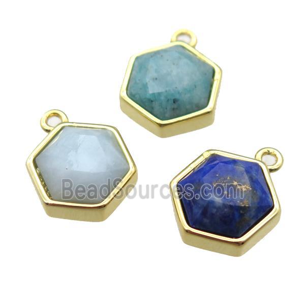 mixed gemstone hexagon pendant, gold plated