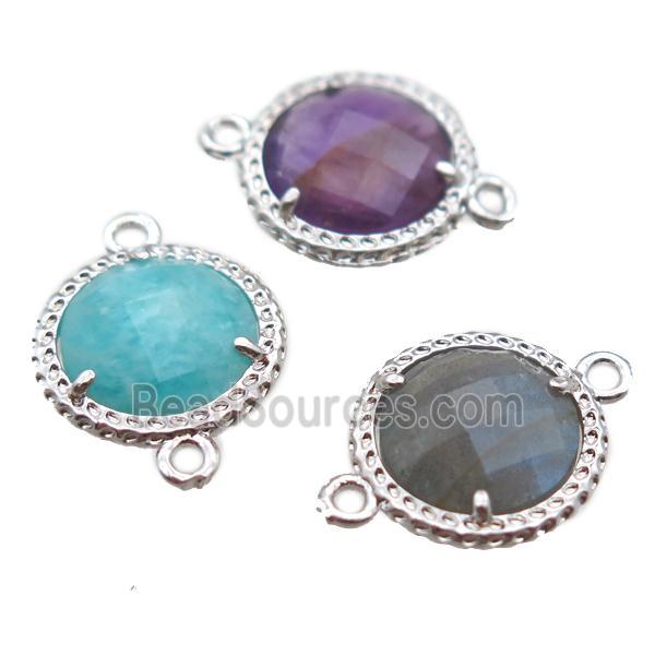 mixed gemstone circle connector, platinum plated