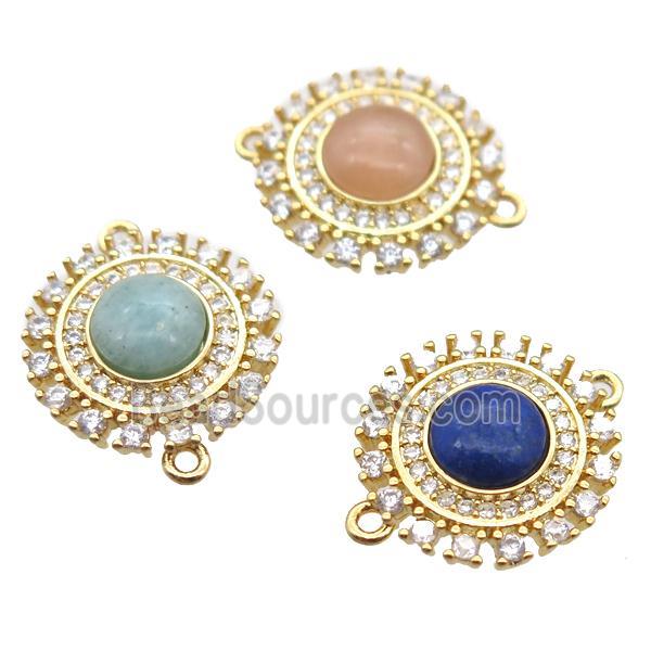 mixed gemstone circle connector pave zircon, gold plated