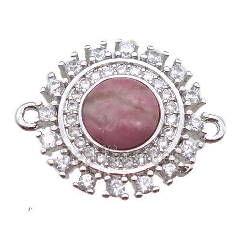 Rhodonite circle connector pave zircon, platinum plated