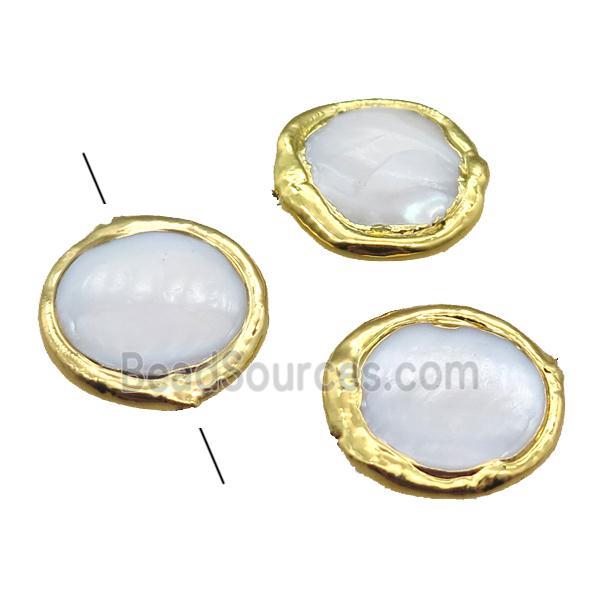 Mother of Pearl beads, circle, gold plated