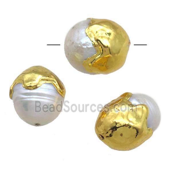 natural pearl beads, round, gold plated