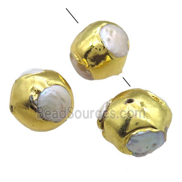 natural pearl beads, round, gold plated