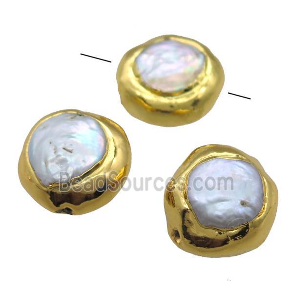 natural pearl beads, button, gold plated