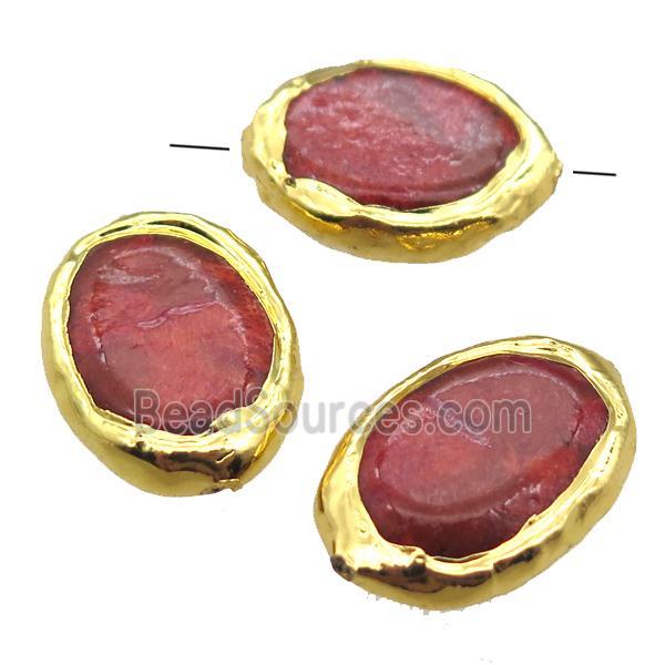 red Coral oval beads, gold plated