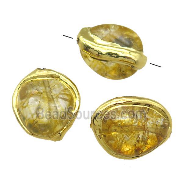 yellow synthetic Quartz Beads, freeform, gold plated