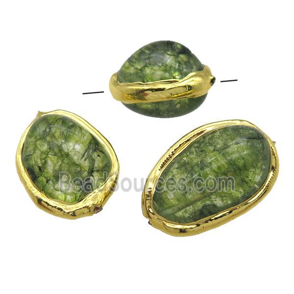 green synthetic Quartz Beads, freeform, gold plated