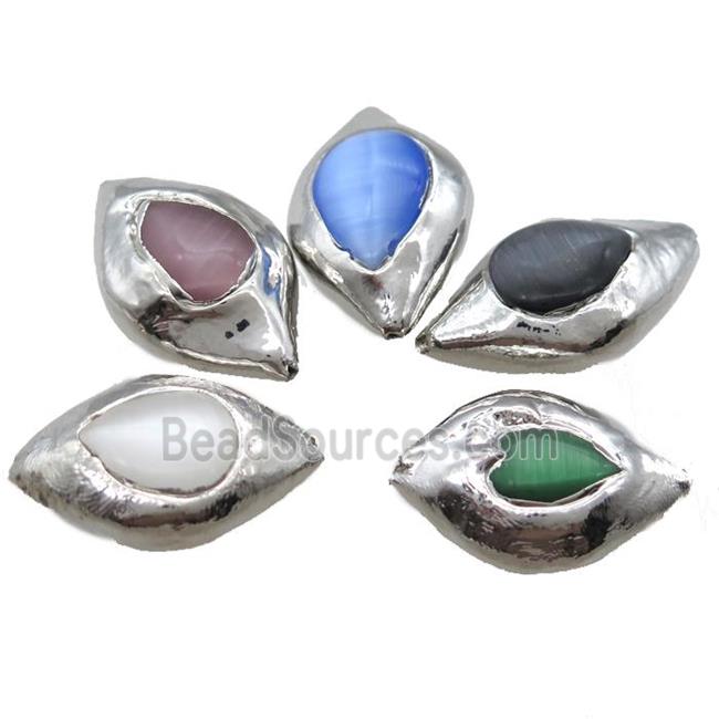 Cats eye stone barrel beads, mixed, silver plated