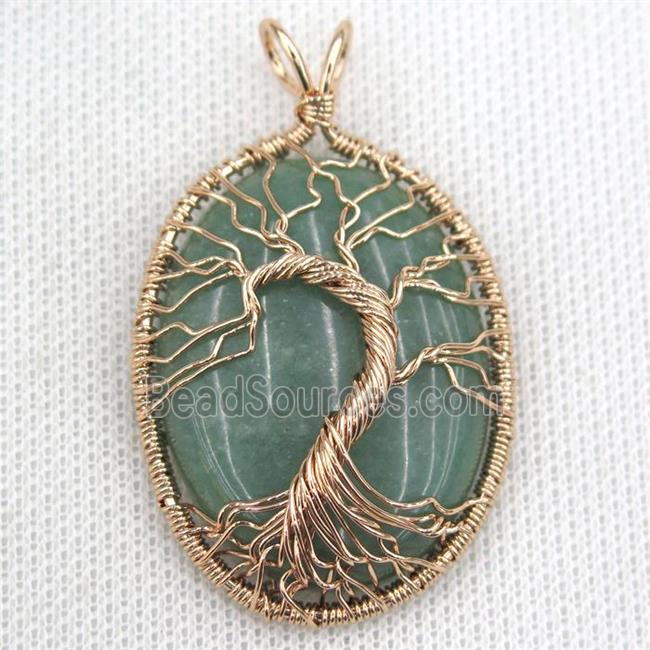 Green Aventurine Oval Pendant Tree Of Life Wire Wrapped Rose Gold