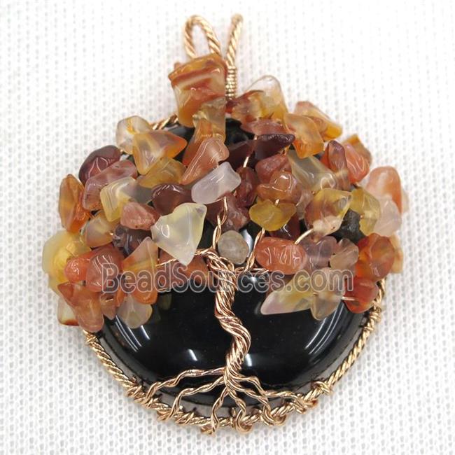 Black Onyx Coin Pendant With Carnelian Chips Tree Of Life Wire Wrapped Rose Gold