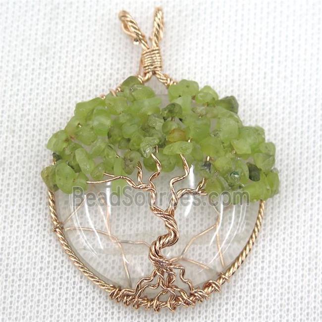 Clear Crystal Glass Coin Pendant With Peridot Chips Tree Of Life Wire Wrapped Rose Gold