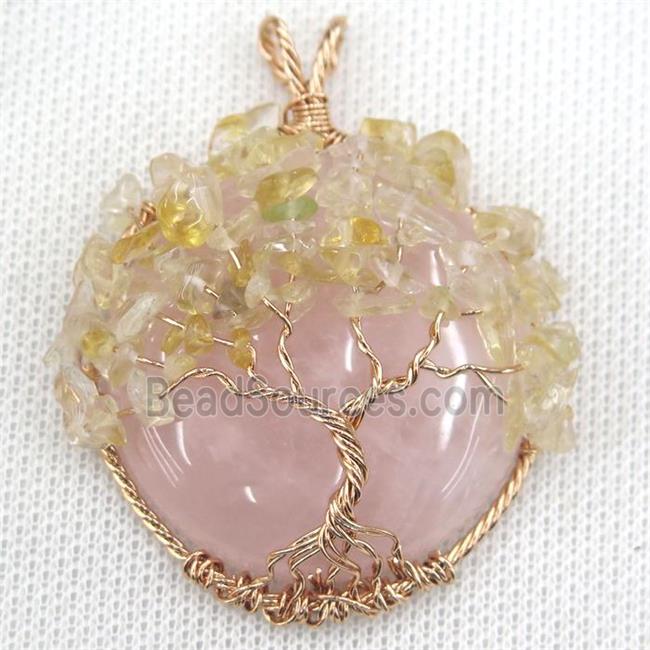 Rose Quartz Coin Pendant With Citrine Chips Tree Of Life Wire Wrapped Rose Gold