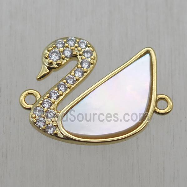 copper Swan connector paved zircon with white pearlized shell, gold plated