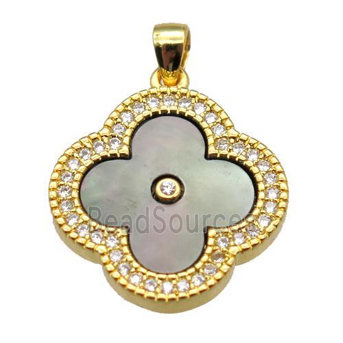 Abalone shell clover pendant with copper pave zircon, gold plated