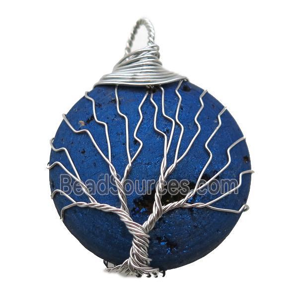 blue Agate Druzy circle pendant wire warpped tree of life