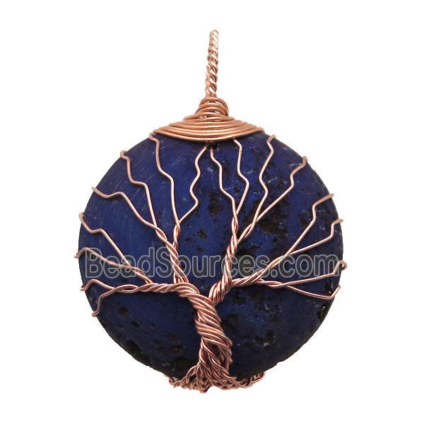 darkpurple Agate Druzy circle pendant wire warpped tree of life