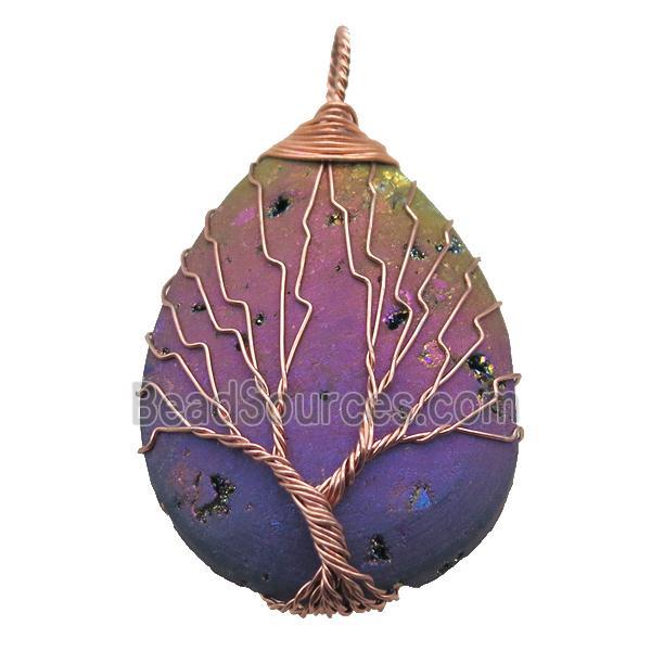 rainbow Agate Druzy teardrop pendant wire warpped tree of life