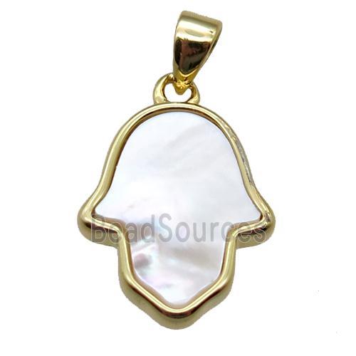 white Pearlized Shell hamsahand pendant, gold plated