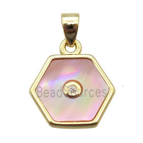 pink Queen Shell hexagon pendant, gold plated