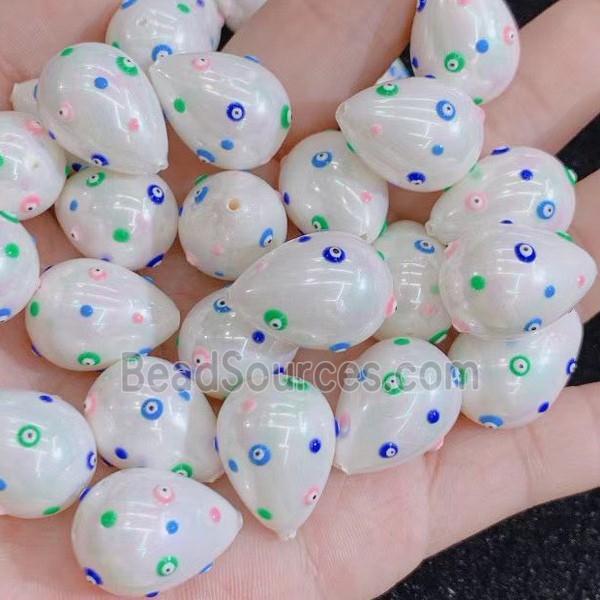 white Pearlized Shell teardrop beads with evil eye