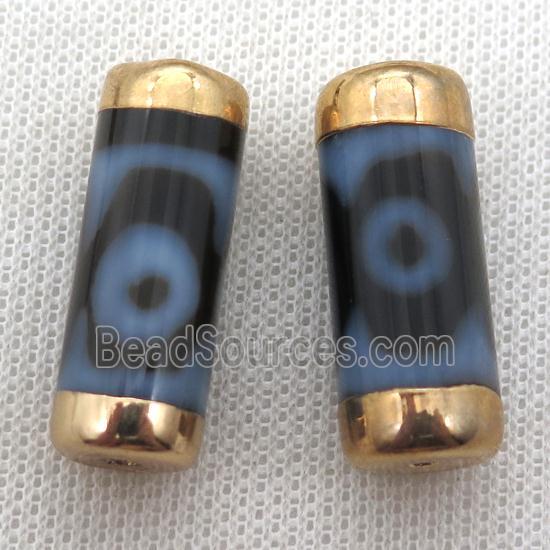 black tibetan Dzi Beads tube beads, eye, gold plated