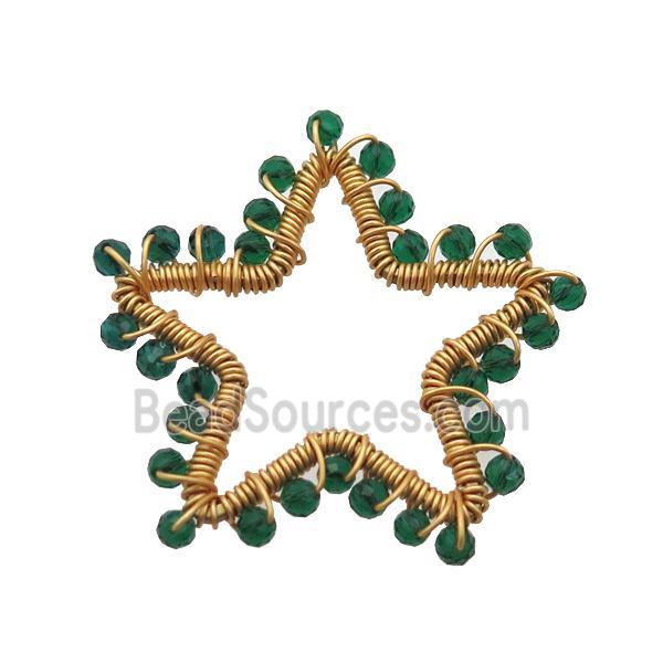 copper star pendant with green crystal glass, wire wrapped, gold plated