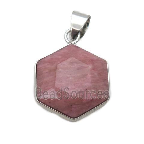 pink Rhodonite pendant, faceted hexagon