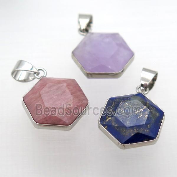 mixed Gemstone pendant, faceted hexagon