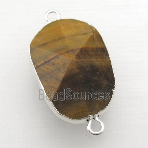 Tiger eye stone connector, point, freeform, silver plated