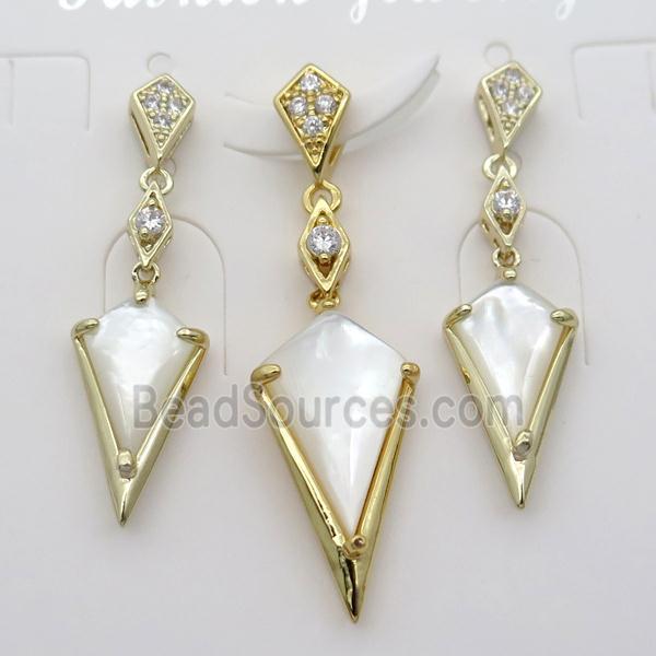 copper Stud Earrings and pendant pave zircon with white pearlized shell, gold plated