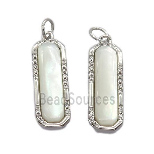 copper pendant pave zircon with white pearlized shell, platinum plated