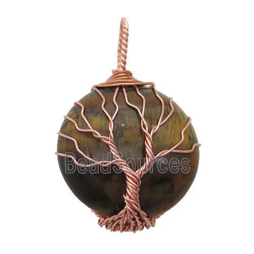 tiger eye stone pendant with wire wrapped, tree of life, rose gold