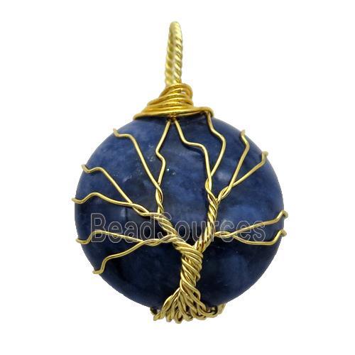 blue Sodalite pendant with wire wrapped, tree of life, gold plated