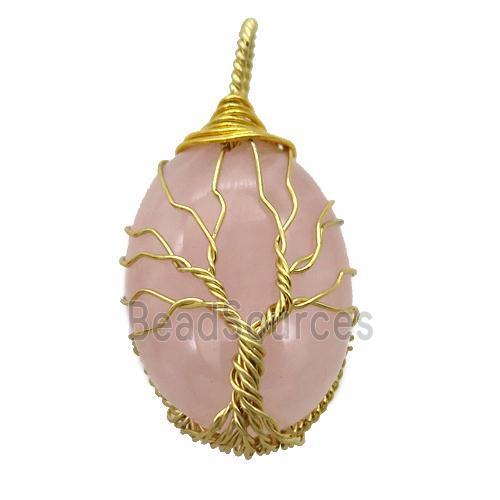 Rose Quartz oval pendant with wire wrapped, tree of life, gold plated