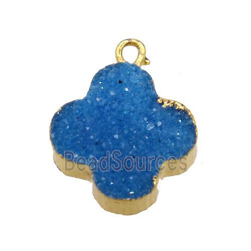 blue druzy agate clover pendant, gold plated