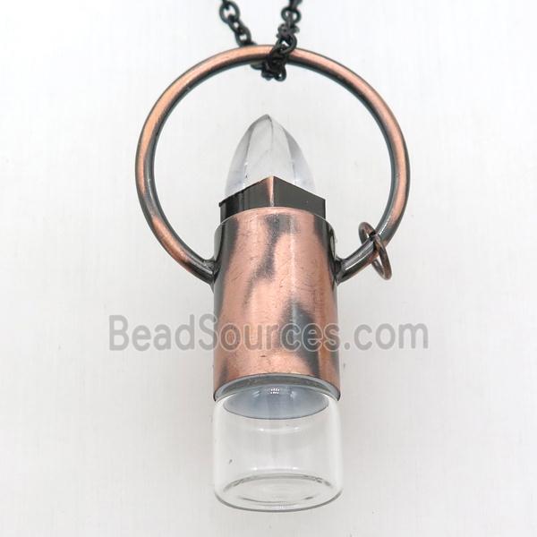 copper perfume bottle Necklace with clear quartz, antique red