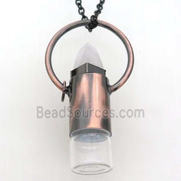 copper perfume bottle Necklace with rose quartz, antique red