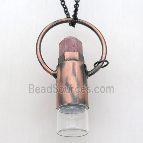 copper perfume bottle Necklace with strawberry quartz, antique red