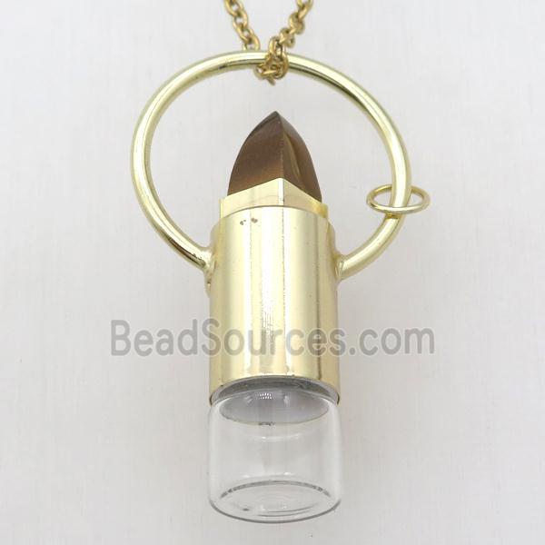 copper perfume bottle Necklace with tiger eye stone, gold plated