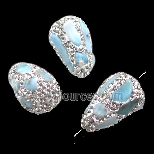 Clay teardrop Beads paved white rhinestone with Larimar