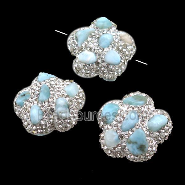 Clay Beads paved rhinestone with Larimar, plum blossom