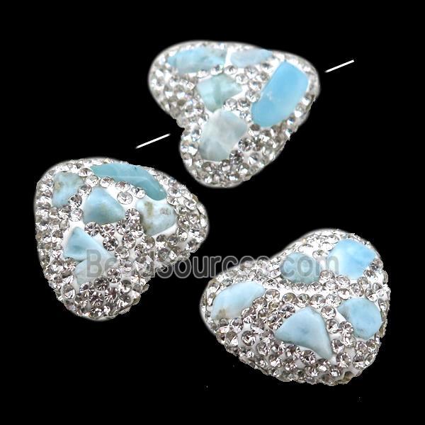 Clay heart Beads paved rhinestone with Larimar