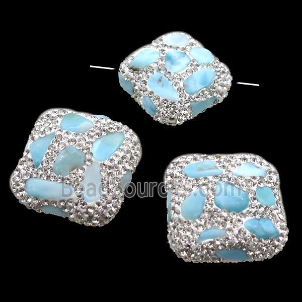 Clay square Beads paved rhinestone with Larimar