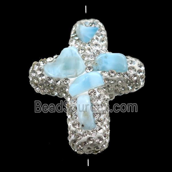 white Clay cross Beads paved rhinestone with Larimar