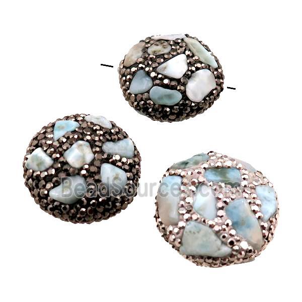 Clay coin Beads paved rhinestone with Larimar, mixed