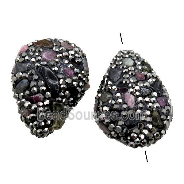 Clay Beads paved rhinestone with Tourmaline, teardrop