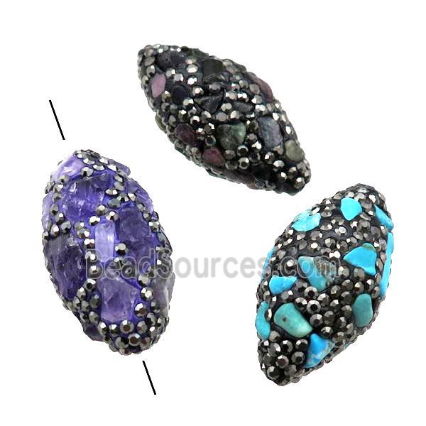 Clay rice Beads paved rhinestone with Gemstone, mixed