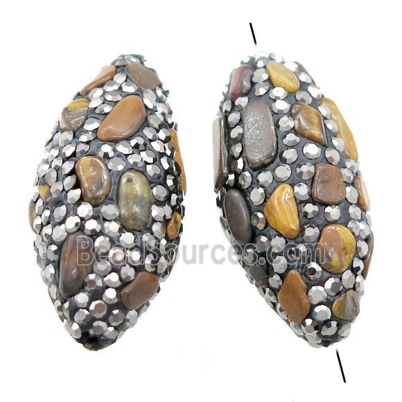 Clay rice beads paved rhinestone with tiger eye stone